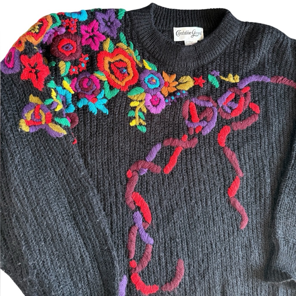 Vintage Christine Gerard Mohair Blend Embroidered Floral Black Sweater Size L